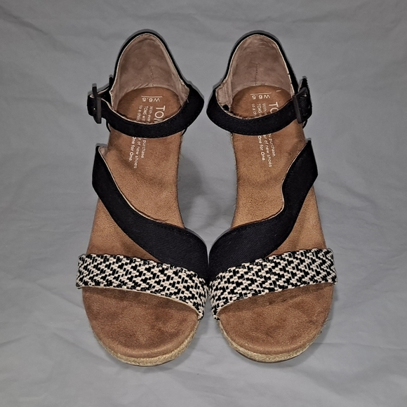 TOMS Clarissa Wedge Sandals Women's 6.5 Black/Tan/White w/ 3.5 inch Rope Heels - Picture 10 of 12